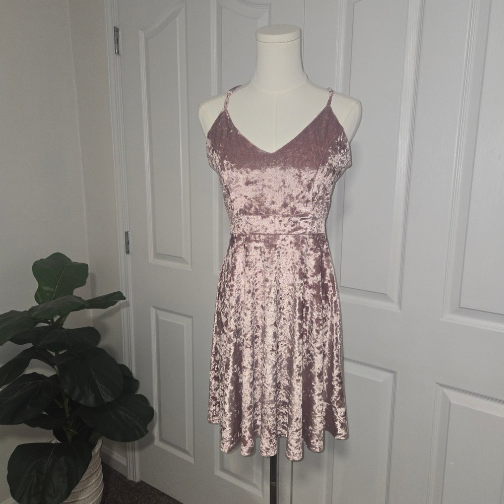 Velvet Skater Dress Women XS Mauve Pink Crushed Shimmer V-Neck Adjustable Straps
